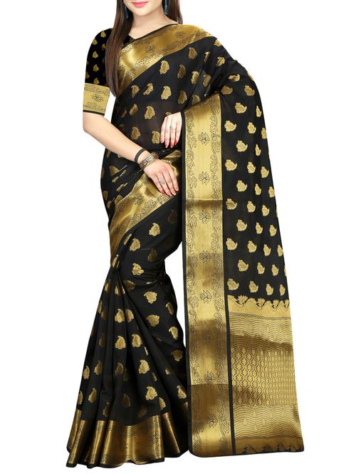 black cotton blend kanjivaram saree with blouse - 14590690 - Very Small Image - 1