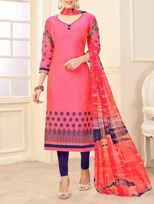pink chanderi cotton unstitched dress material - 14590716 - Very Small Image - 1