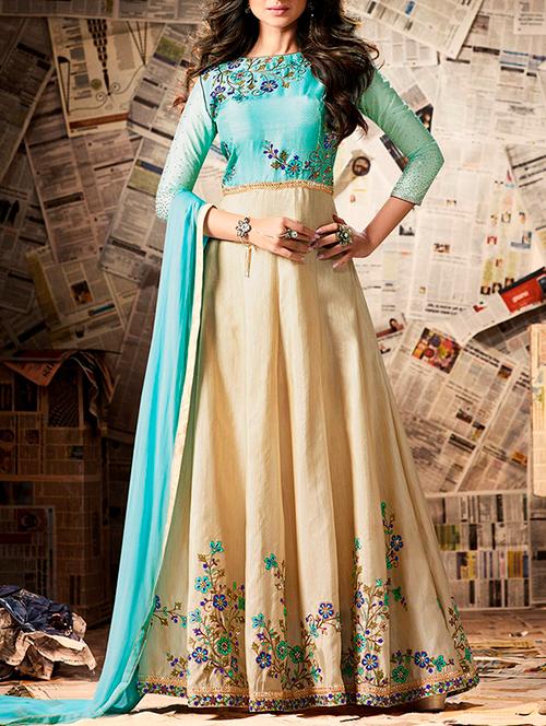 cream silk semistitched suit - 14591762 - Very Small Image - 1