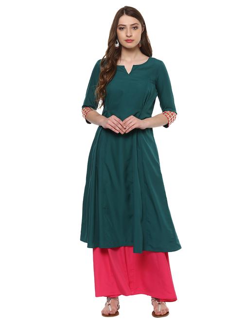 green poly crepe flared kurta - 14594556 - Very Small Image - 1