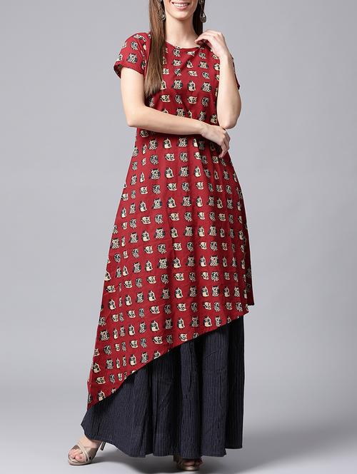 block print asymmetric kurta with skirt set - 14596927 - Very Small Image - 1