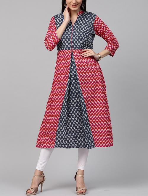 red & blue cotton layered kurta - 14597099 - Very Small Image - 1