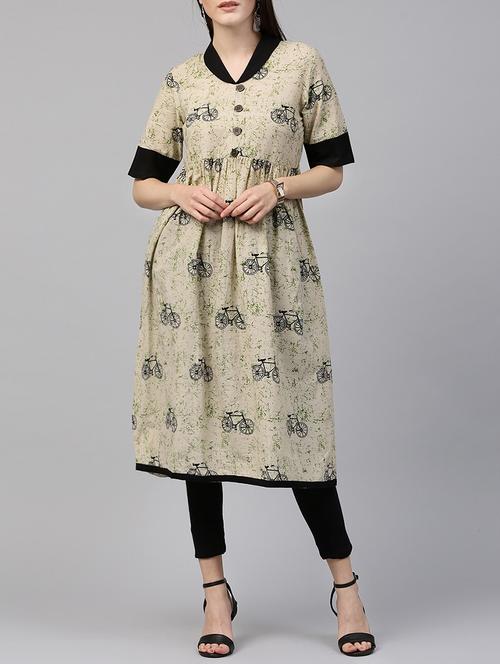 beige cotton a-line kurta - 14597117 - Very Small Image - 1