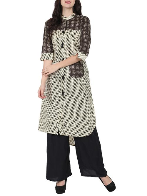 beige cotton high-low kurta - 14597232 - Very Small Image - 1