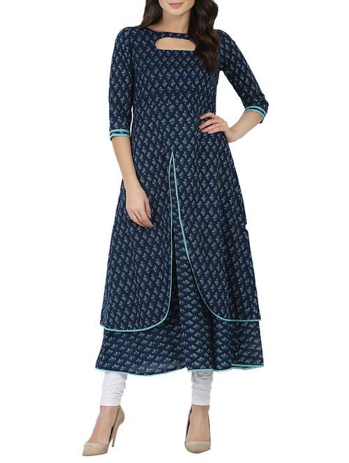 blue cotton layered kurta - 14597310 - Very Small Image - 1