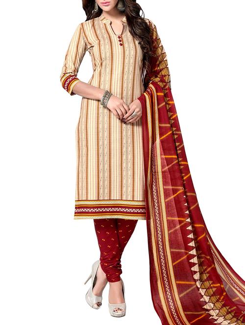beige cotton unstitched suit - 14597461 - Very Small Image - 1