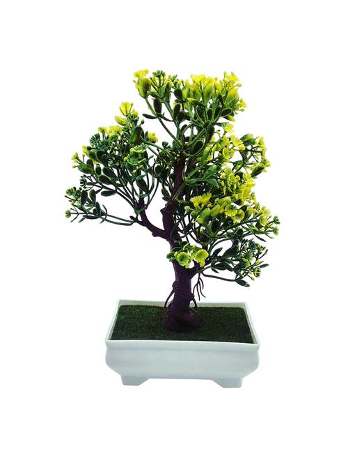 3 branched artificial bonsai tree with green leaves and yellow flowers - 14599223 - Very Small Image - 1