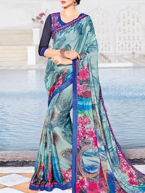 blue georgette printed saree with blouse - 14602077 - Very Small Image - 1