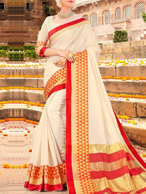 beige cotton silk bordered saree with blouse - 14602086 - Very Small Image - 1