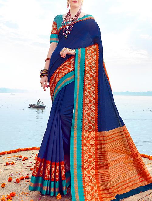 blue cotton silk bordered saree with blouse - 14602087 - Very Small Image - 1