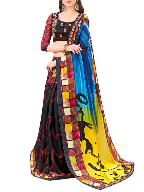 black printed saree with blouse - 14602169 - Very Small Image - 1