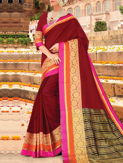 red cotton silk bordered saree with blouse - 14602178 - Very Small Image - 1