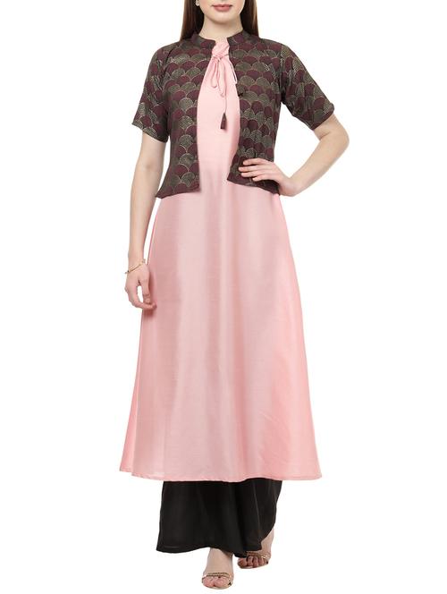pink silk blend a-line kurta - 14604795 - Very Small Image - 1