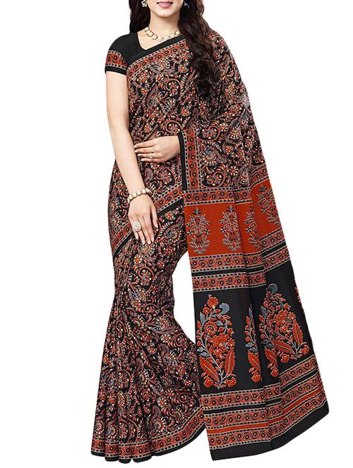 black cotton printed saree with blouse - 14607639 - Very Small Image - 1