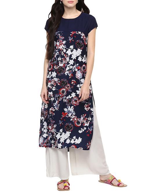 blue poly crepe straight kurta - 14607948 - Very Small Image - 1