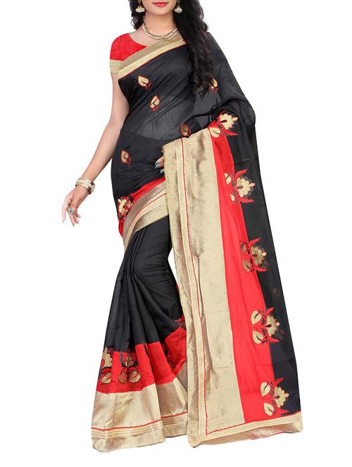 black cotton embroidered saree with blouse - 14608032 - Very Small Image - 1