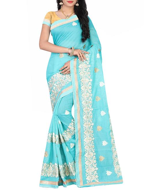 sky blue cotton embroidered saree with blouse - 14608038 - Very Small Image - 1