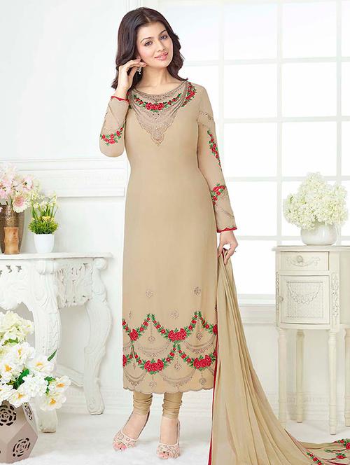 beige georgette embroidered dress material - 14609278 - Very Small Image - 1