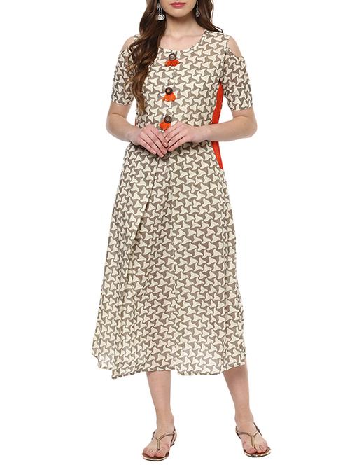 beige cotton aline kurta - 14610489 - Very Small Image - 1