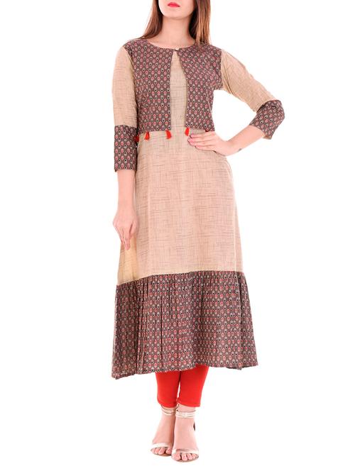 beige cotton tired kurta - 14610850 - Very Small Image - 1