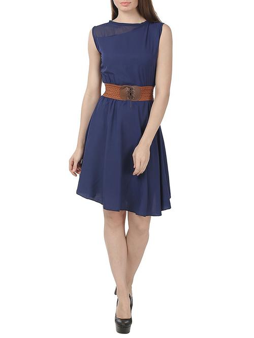 blue solid belted dress - 14616972 - Very Small Image - 1