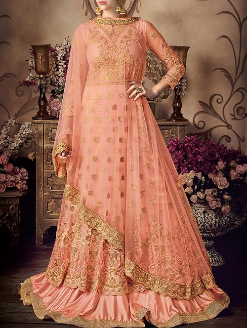 peach flared semi-stitched suit - 14618426 - Very Small Image - 1