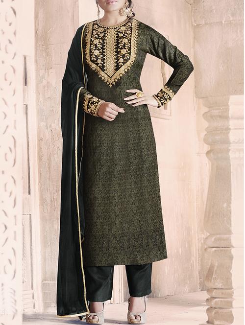 black embroidered semi-stitched straight pant suits - 14618441 - Very Small Image - 1