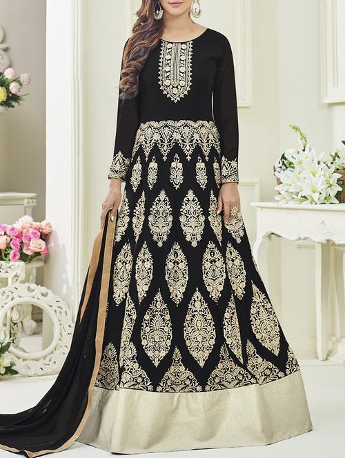 black embroidered semi-stitched straight pant suits - 14618457 - Very Small Image - 1