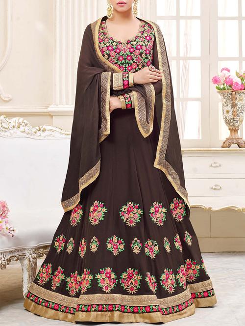 brown georgette semistitched suit - 14618497 - Very Small Image - 1