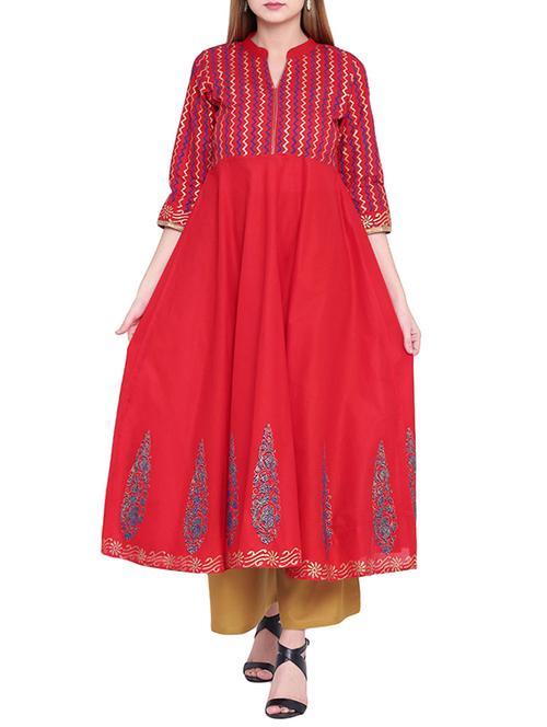 red cotton flared kurta - 14626440 - Very Small Image - 1