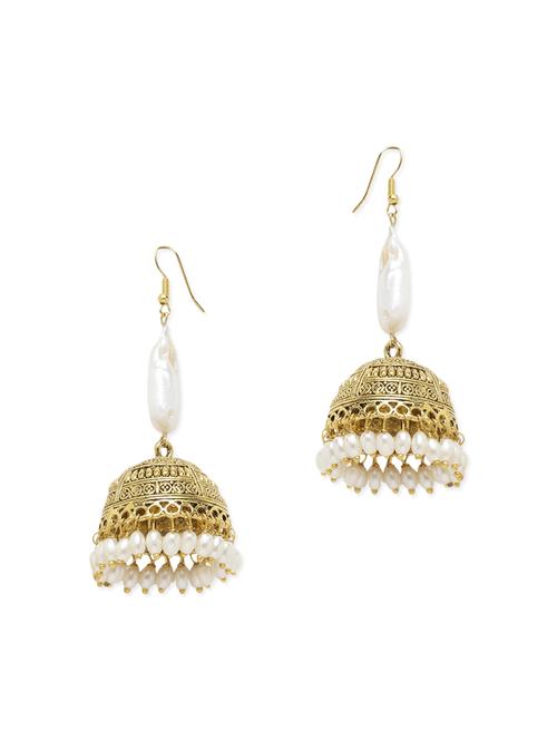 Gold Brass Jhumka Earrings - 14627341 - Very Small Image - 1
