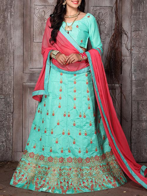 turquoise satin panelled lehenga - 14629269 - Very Small Image - 1