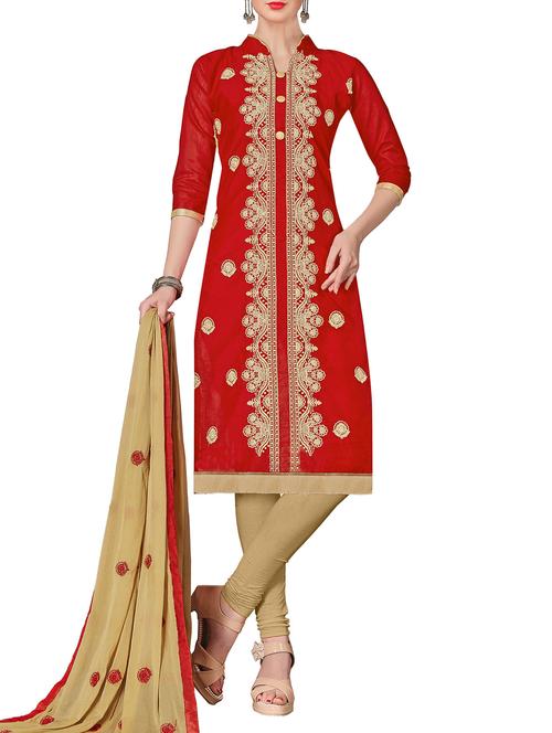 red chanderi cotton churidaar suit dress material - 14631688 - Very Small Image - 1