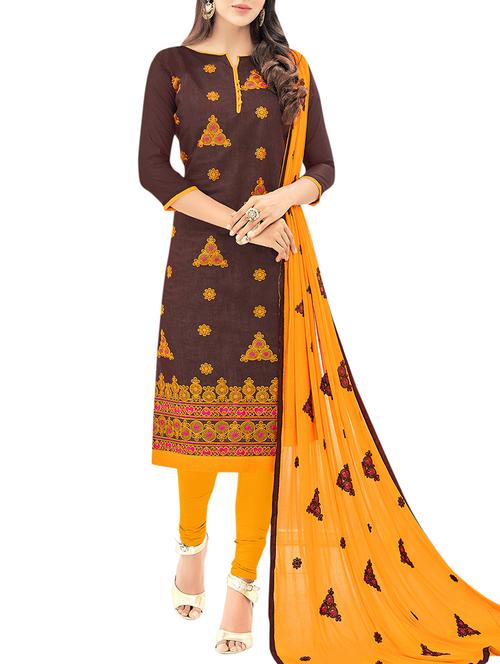 brown chanderi cotton churidaar suit dress material - 14631694 - Very Small Image - 1