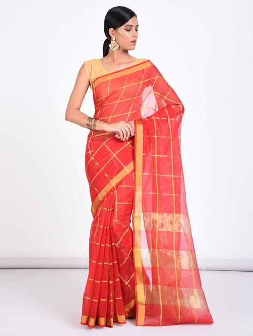 red chanderi saree with blouse - 14633906 - Very Small Image - 1