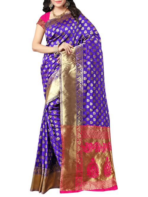 purple silk blend kanjivaram saree with blouse - 14635279 - Very Small Image - 1