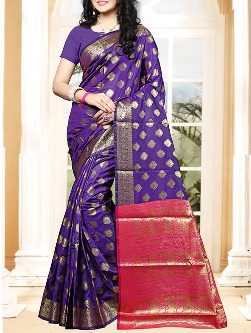 purple silk blend kanjivaram saree with blouse - 14635290 - Very Small Image - 1
