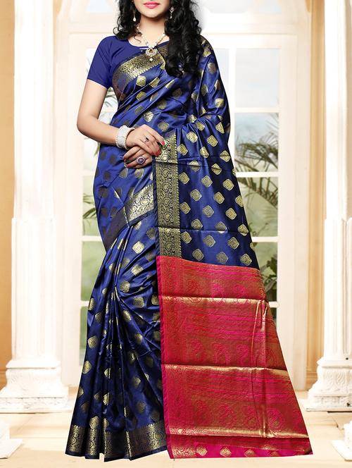 blue silk blend kanjivaram saree with blouse - 14635292 - Very Small Image - 1