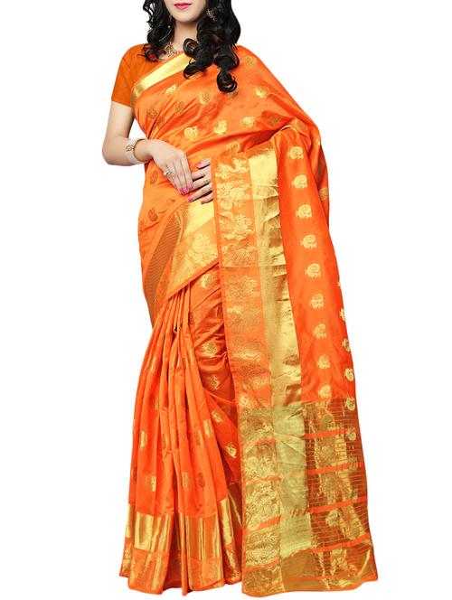 orange cotton silk kanjivaram saree with blouse - 14635300 - Very Small Image - 1