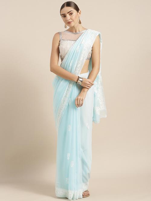 ada blue chikankari saree with blouse - 14637751 - Very Small Image - 1