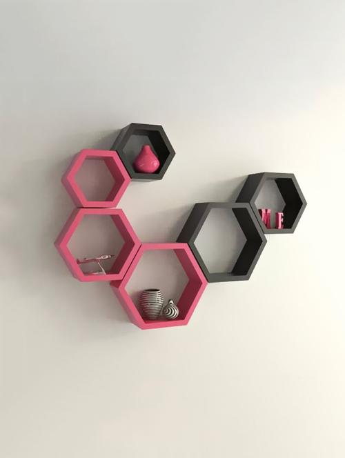 hexagon shape storage wall shelves set-6 -black,pink - 14637895 - Very Small Image - 1