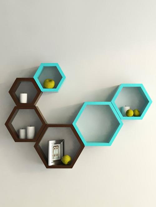 hexagon shape storage wall shelves set-6-brown,blue - 14637901 - Very Small Image - 1