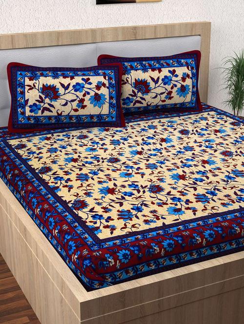 ethnic print 120 tc 100% cotton multicolored double bedsheet with 2 pillow covers - 14640291 - Very Small Image - 1