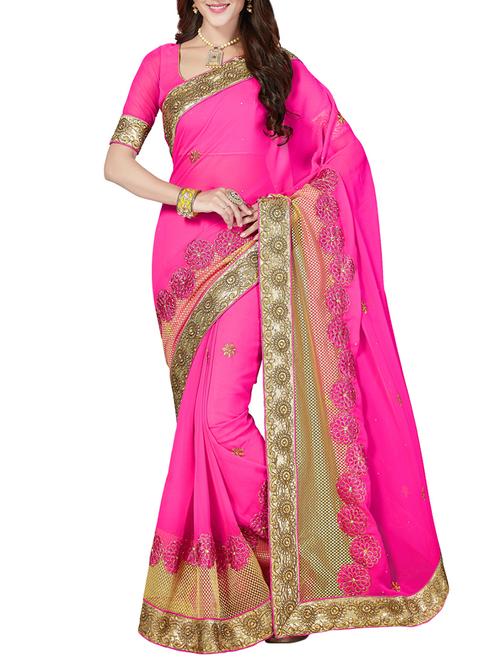 pink poly georgette embroidered saree with blouse - 14640427 - Very Small Image - 1