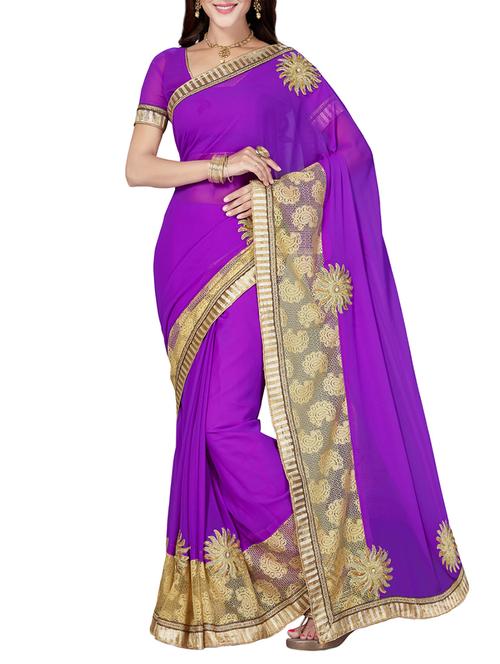 purple poly georgette embroidered saree with blouse - 14640430 - Very Small Image - 1