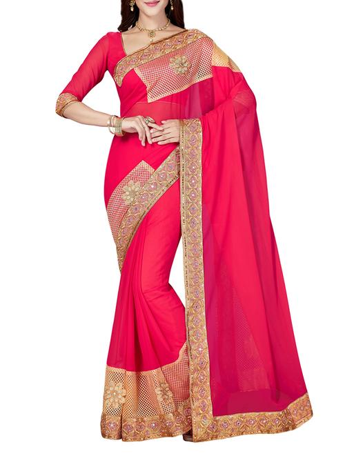 pink poly georgette embroidered saree with blouse - 14640431 - Very Small Image - 1