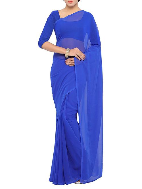 blue georgette plain saree with blouse - 14643117 - Very Small Image - 1
