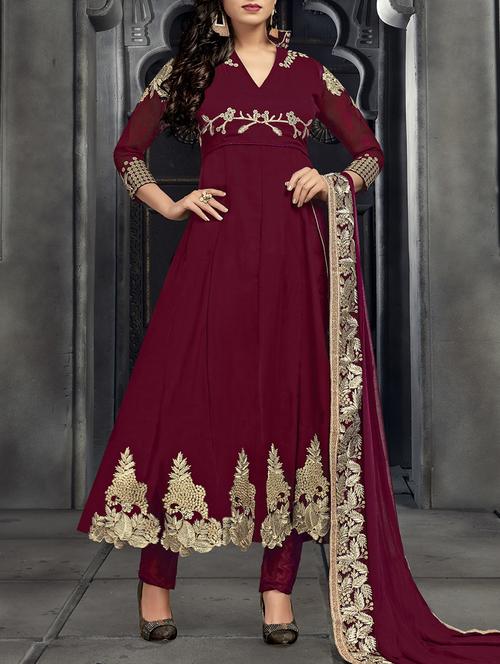 maroon anarkali suit semi-stitched suit - 14645499 - Very Small Image - 1