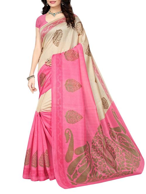 beige silk printed saree with blouse - 14648018 - Very Small Image - 1