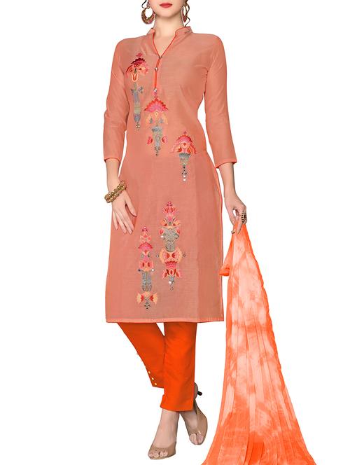 peach cotton embroidered dress material - 14648616 - Very Small Image - 1